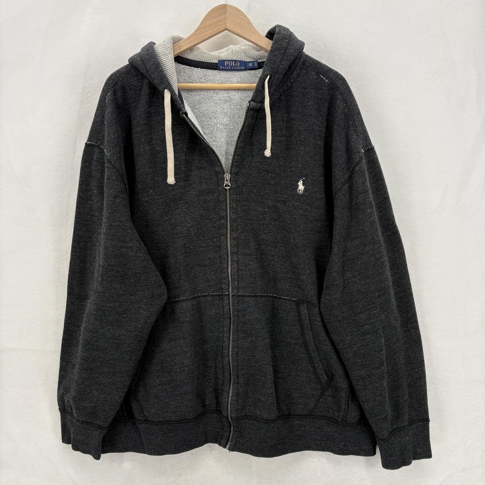 Polo Ralph Lauren Hoodie Mens 2XB Gray Full Zip Fleece Sweatshirt Pony Logo Big
